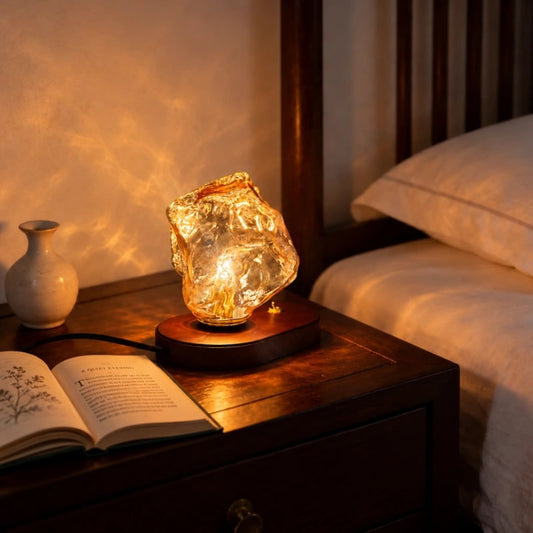 Amber Glass Table Lamp With Oak Base And Toggle Switch - Image 2