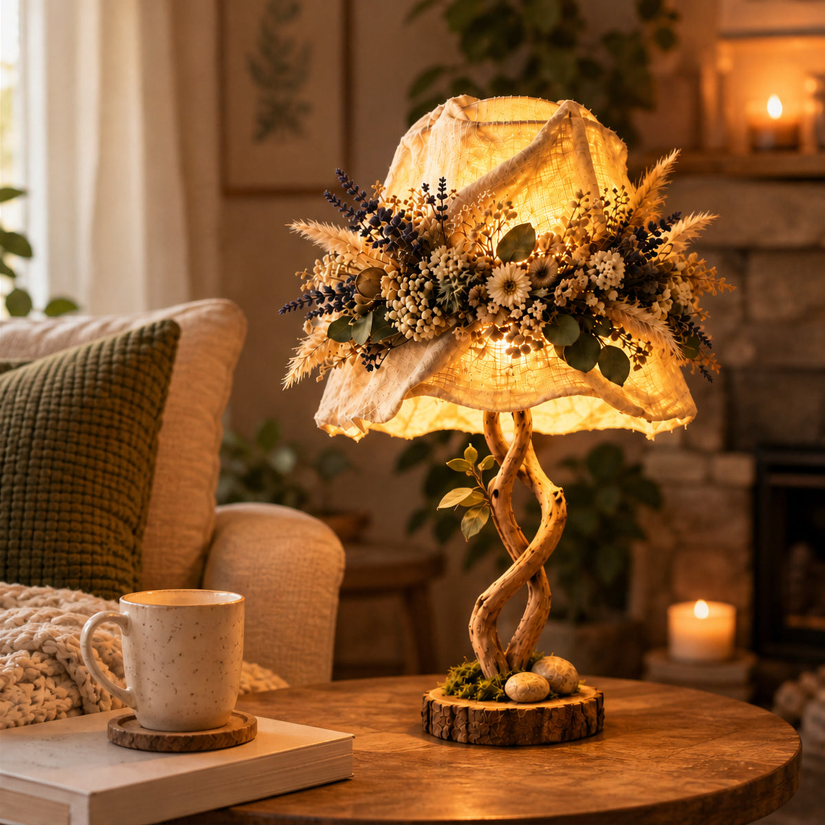 Botanical Accent Table Lamp With Twisted Wood Base And Fabric Shade - Image 6