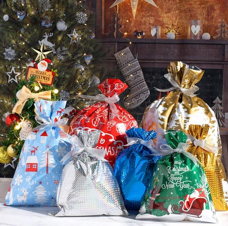Christmas Gift Bags With Festive Foil Designs And Ribbon Ties - Image 13