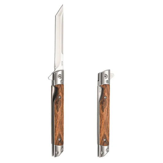 Damascus Pattern Folding Knife With Natural Wood Handle And Stainless Steel Blade - Image 6