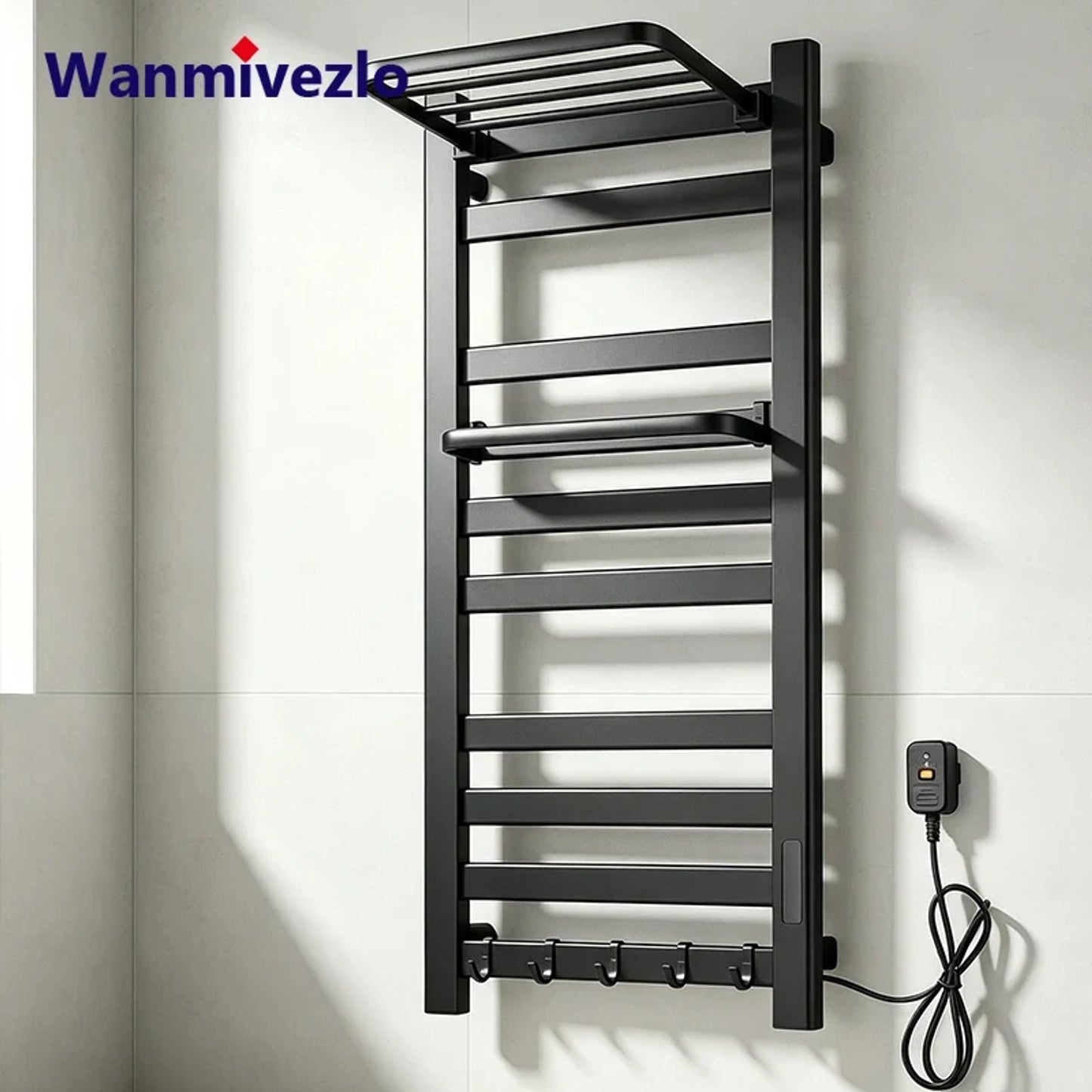 Electric Heated Towel Rail Wall Mounted With Top Storage Shelf And 5 Hooks Fast Heating - Image 1