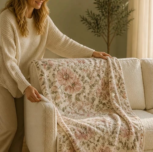 Floral Sherpa Blanket With Reversible Cotton Design - Image 9