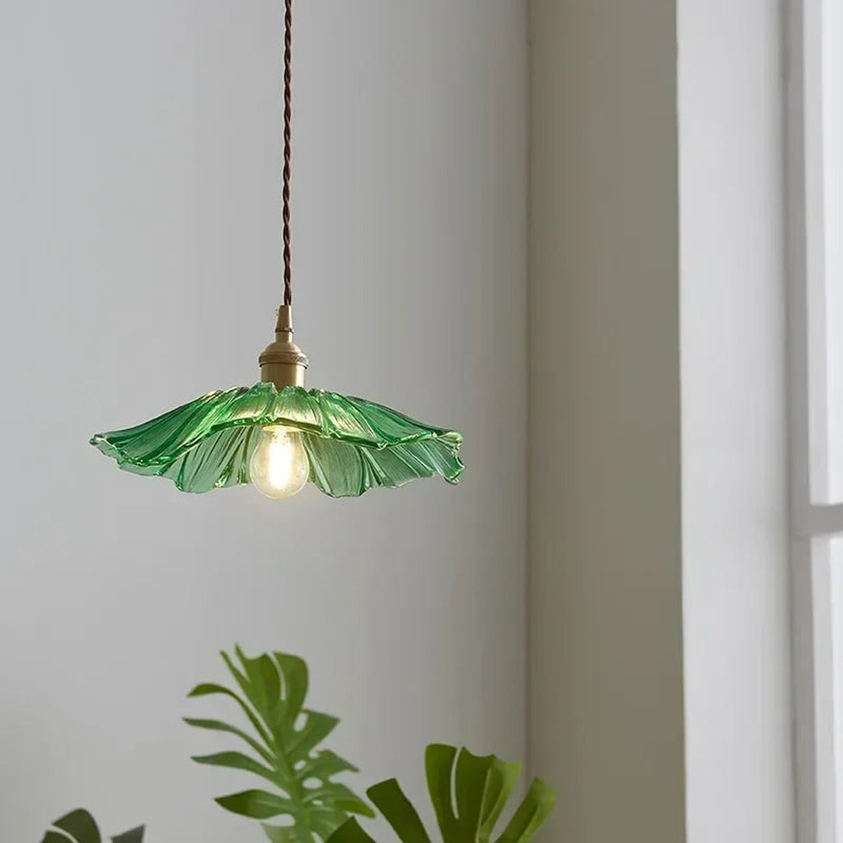 Glass Flower Pendant Light With Twisted Cord And Brass Fitting - Image 7