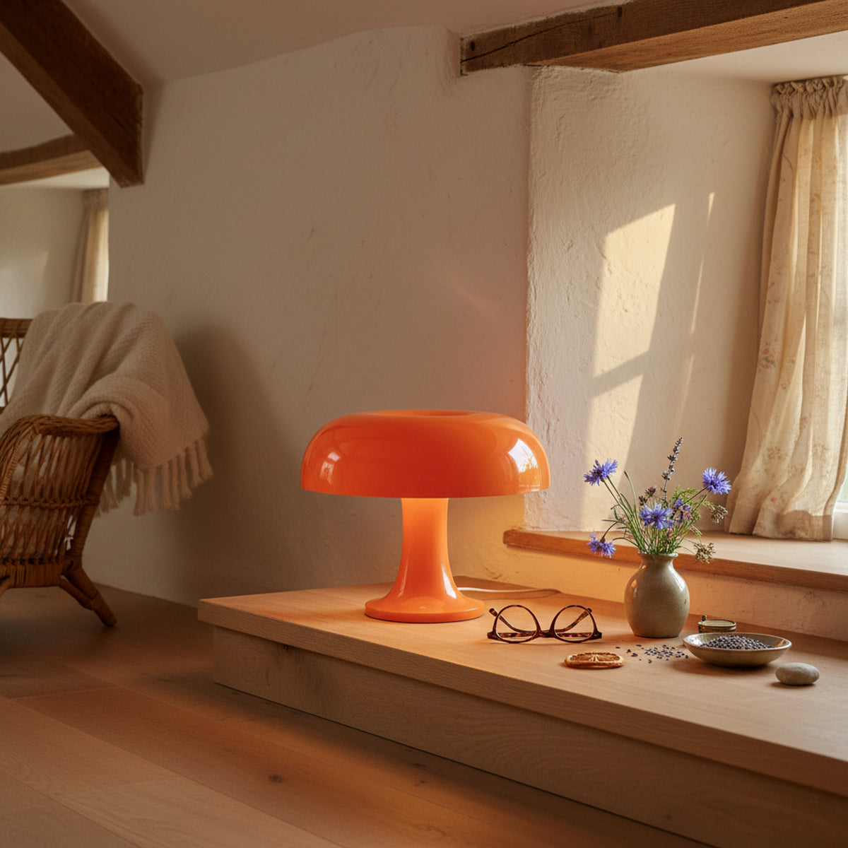 Glossy Orange Mid-Century Rechargeable Table Lamp With Mushroom Silhouette - Image 6