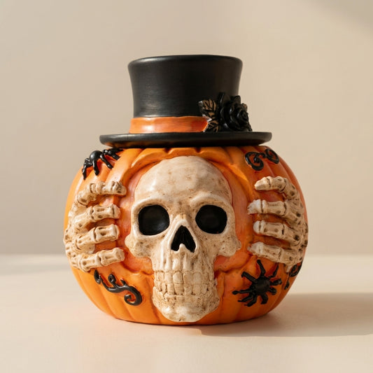 Halloween Candy Jar Skull Pumpkin Decorative Container With Top Hat And Skeleton Hands Design - Image 1