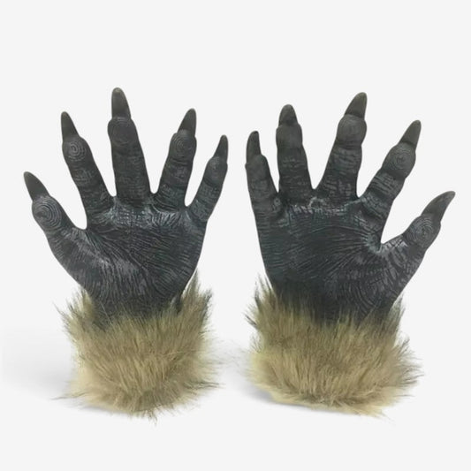 Halloween Costume Gray Werewolf Claw Gloves Fur Cuffs - Image 1