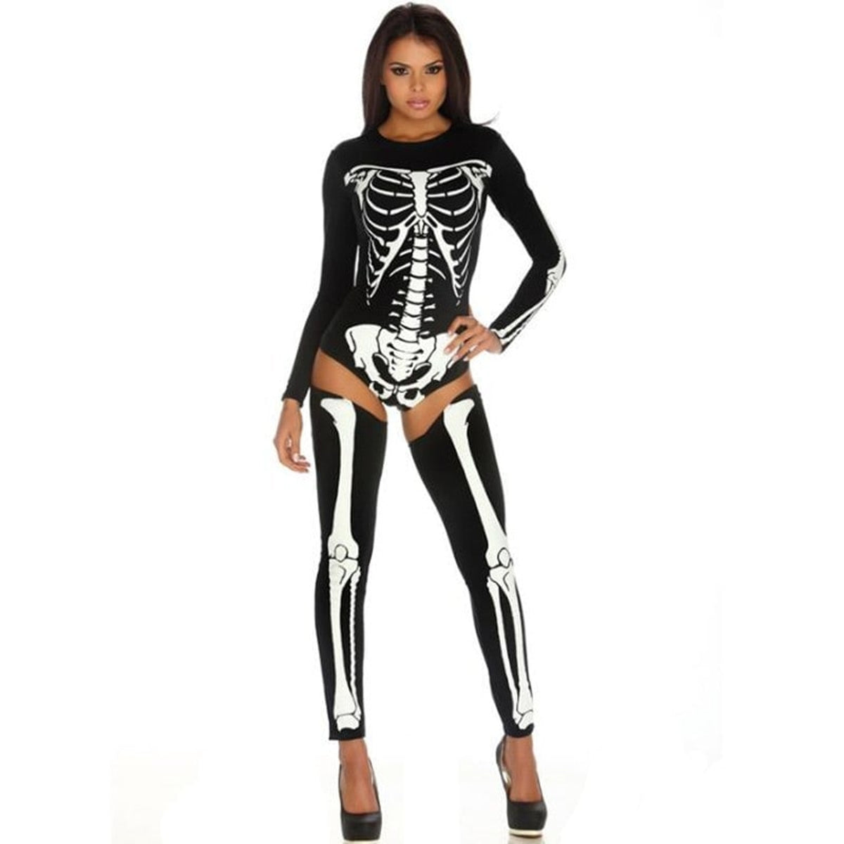 Halloween Skeleton Outfit Costume With Bodysuit And Thigh-High Leggings For Party - Image 5