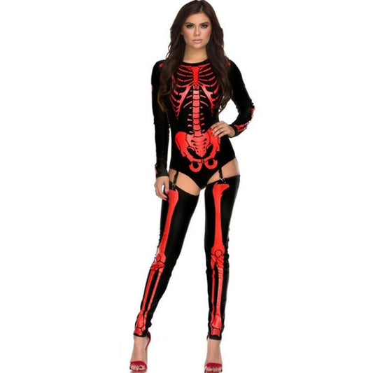 Halloween Skeleton Outfit Costume With Bodysuit And Thigh-High Leggings For Party - Image 4