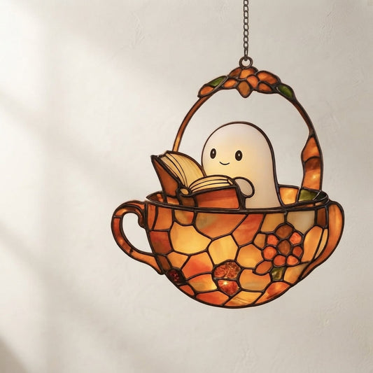 Halloween Suncatcher Stained Glass Hanging Window Decoration With Ghost And Book Design Sunlight-Reactive Color Effect For Decor - Image 1