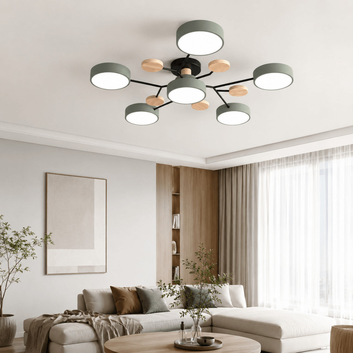 Modern Round LED Branch Ceiling Light With Wooden Accents - Image 7