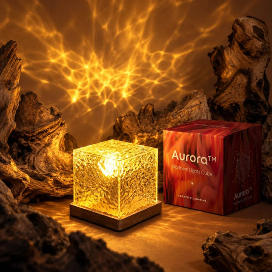 Northern Lights Acrylic Cube Light With Wood Base - Image 1