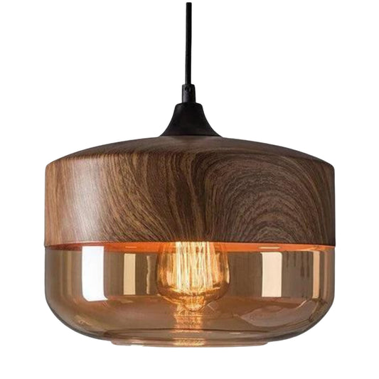 Scandinavian Wooden Pendant Light With Spherical Amber Glass Bottom - Image 2