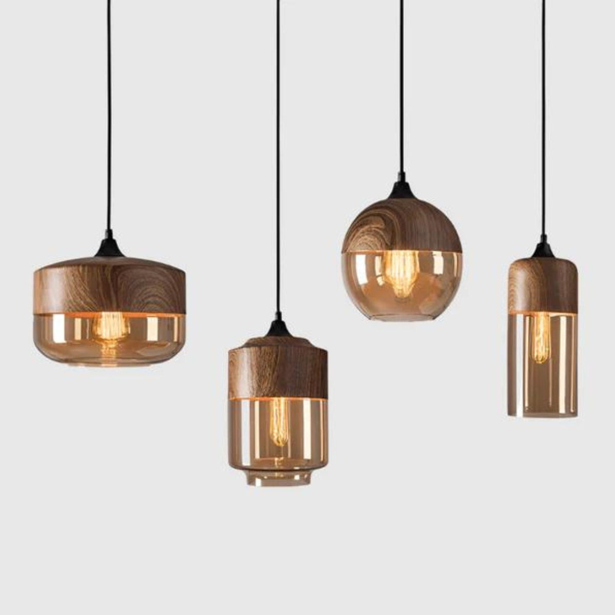 Scandinavian Wooden Pendant Light With Spherical Amber Glass Bottom - Image 5