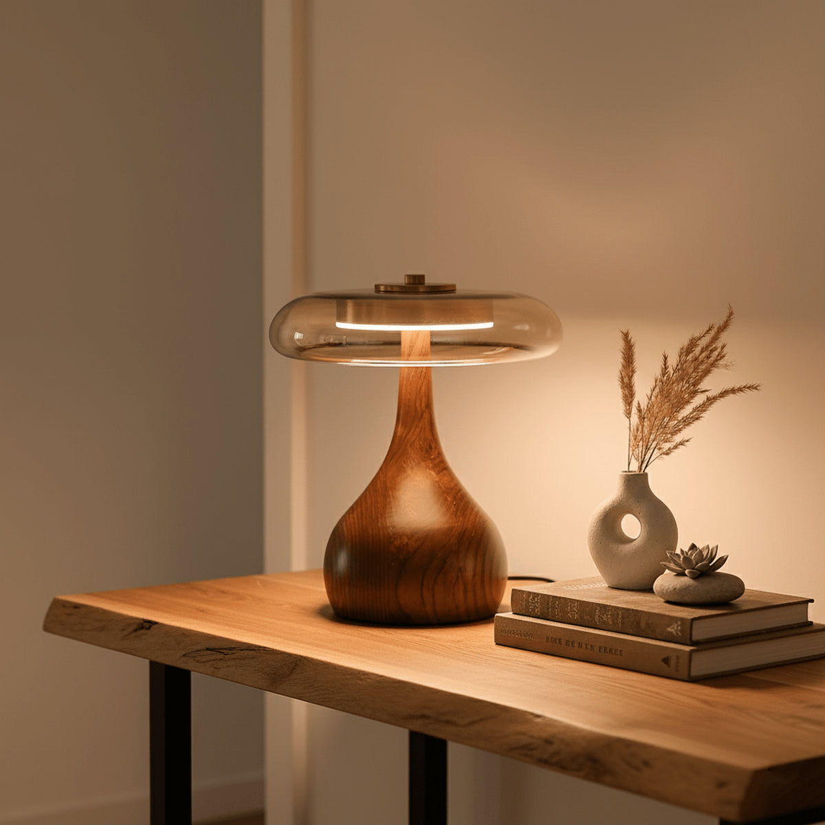 Sculpted Wooden Table Lamp With Tinted Glass Dome - Image 8
