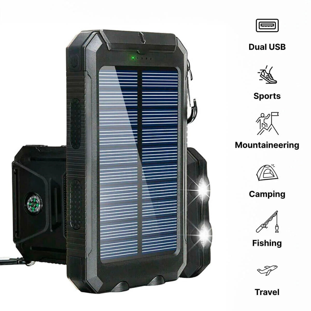 Solar Charger Power Bank With Dual USB Ports IP44 Waterproof And Integrated LED Flashlight - Image 12