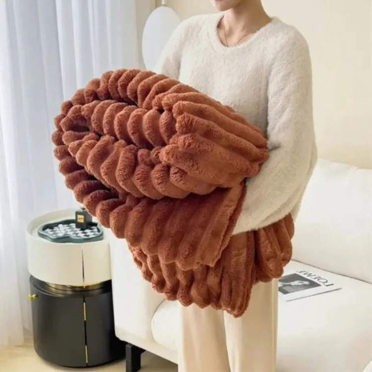 Striped Textured Faux Fur Weighted Blanket - Image 8