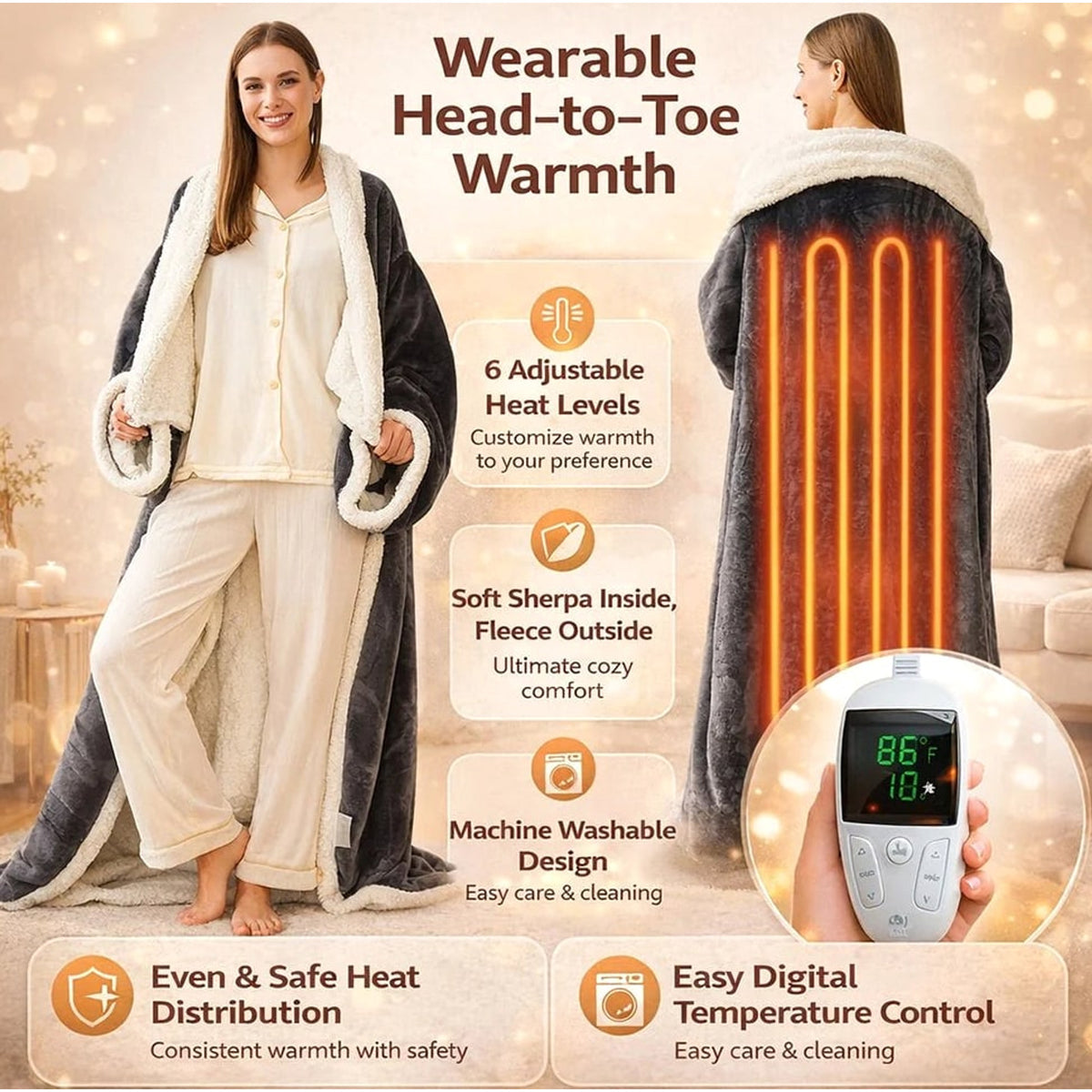 Wearable Heated Throw With Sherpa Fleece Lining And Detachable Controller - Image 9