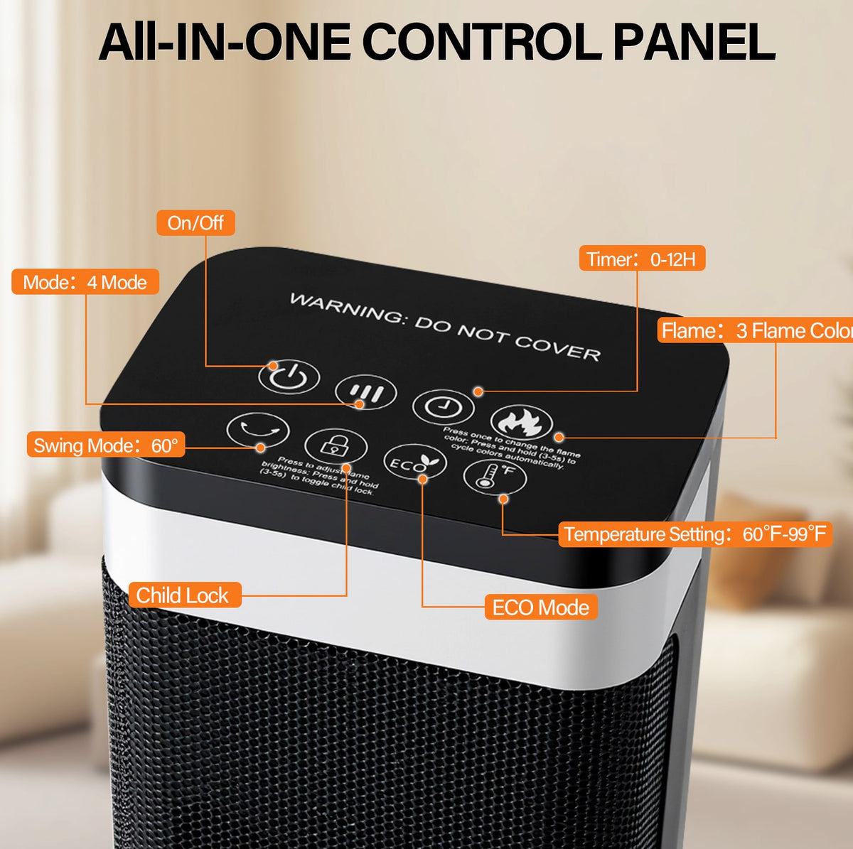 23-Inch Tower Heater With 7 Light Colours Low Noise Portable Space Heater For Indoor Use - Image 9