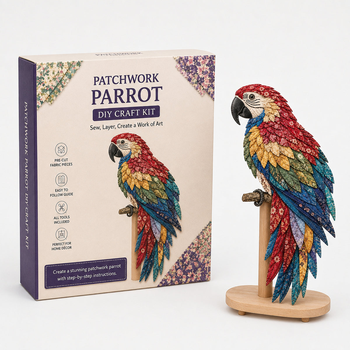 3D Fabric Patchwork Bird Kit With Pre-Cut Numbered Pieces And Wooden Stand - Image 3