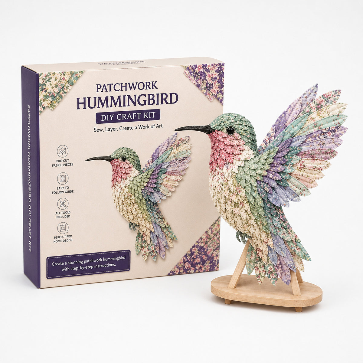 3D Fabric Patchwork Bird Kit With Pre-Cut Numbered Pieces And Wooden Stand - Image 9