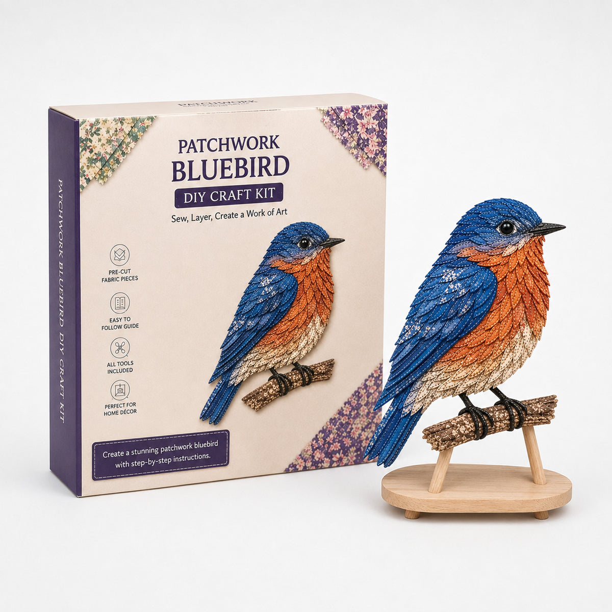 3D Fabric Patchwork Bird Kit With Pre-Cut Numbered Pieces And Wooden Stand - Image 4