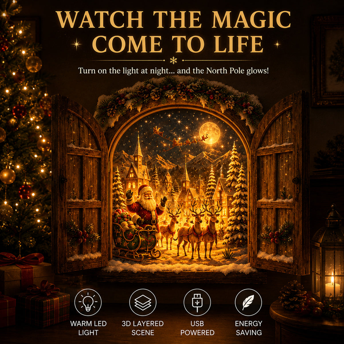 3D Lighted Christmas Wall Decor With Santa And Reindeer Scene - Image 1