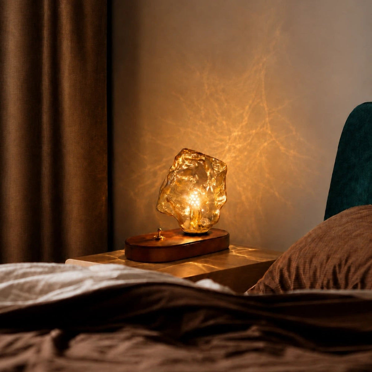 Amber Glass Table Lamp With Oak Base And Toggle Switch - Image 3