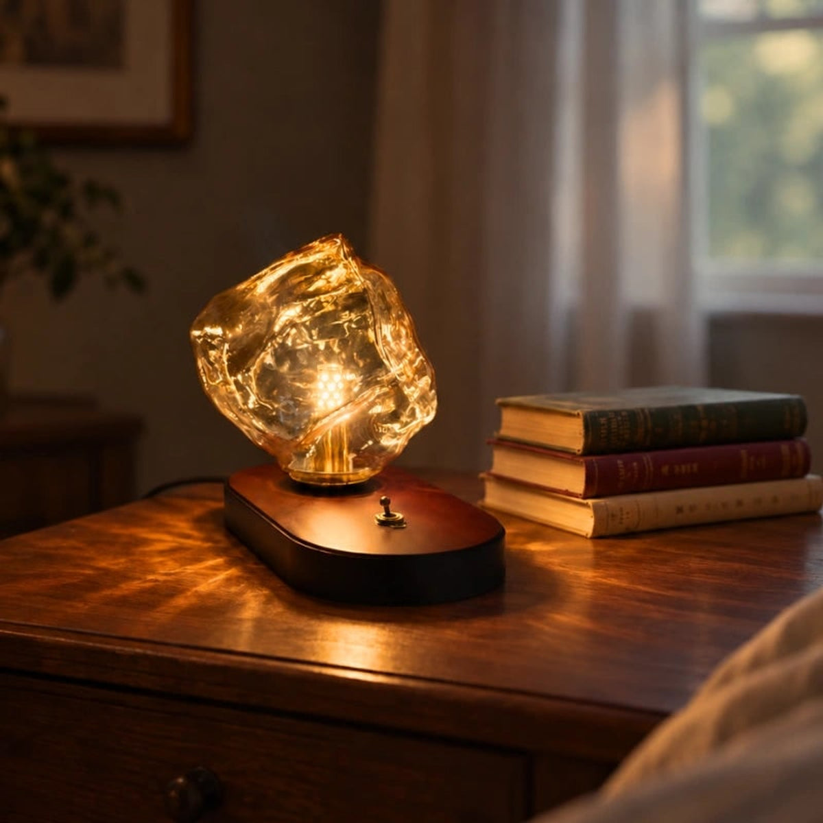 Amber Glass Table Lamp With Oak Base And Toggle Switch - Image 5