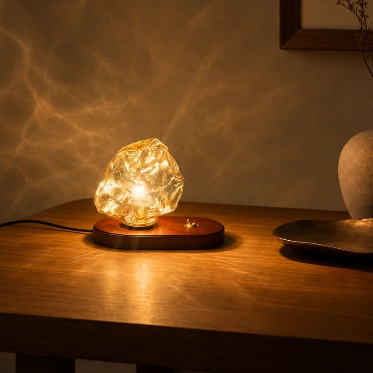 Amber Glass Table Lamp With Oak Base And Toggle Switch - Image 6