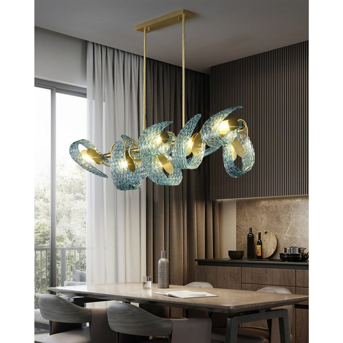 Art Glass Chandelier With Peacock Feather Design - Image 3