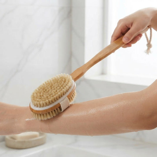 Natural Bristle Bath Brush With Long Wooden Handle For Exfoliating Back Scrubber - Image 1