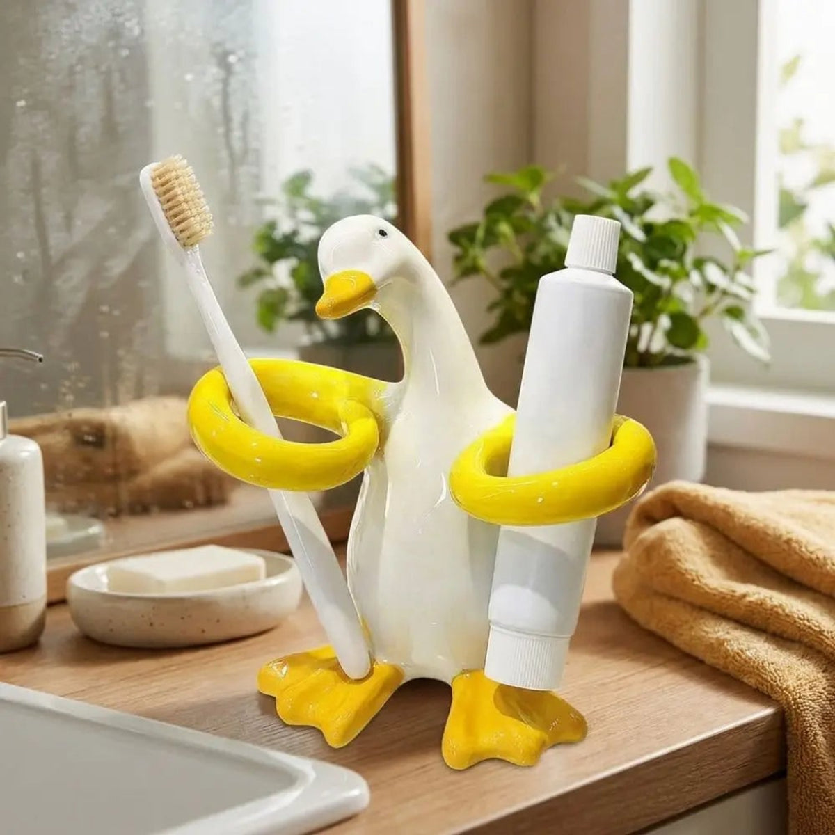 Ceramic Duck Toothbrush Holder With Separate Rings For Hygienic Storage - Image 3