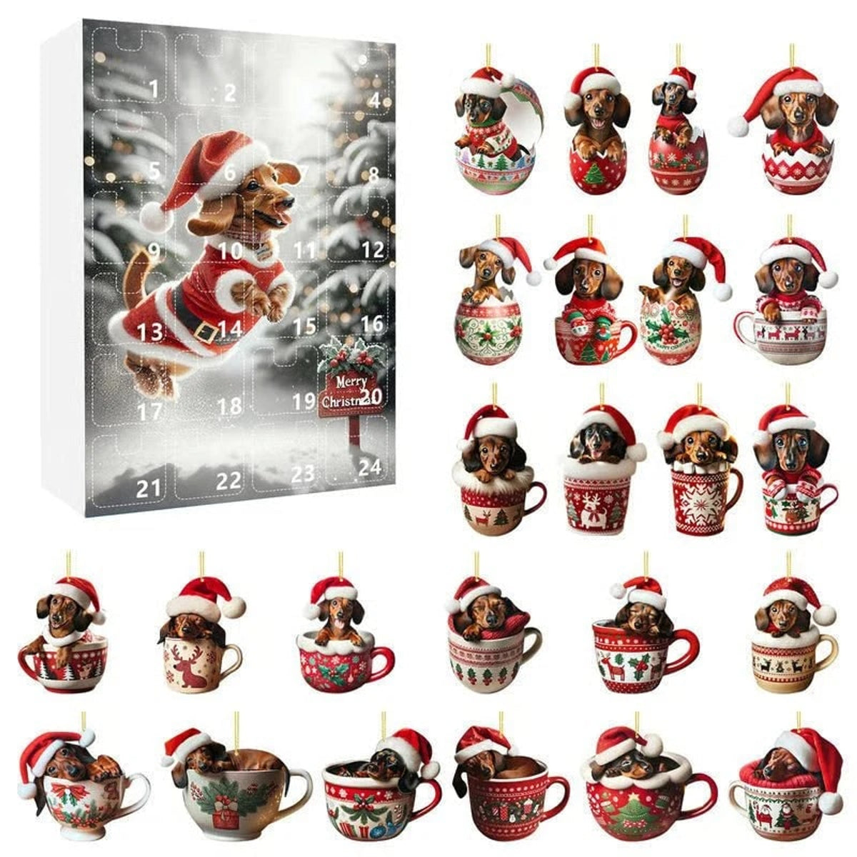 Christmas Dog Advent Calendar With 24 Dachshund-Themed Acrylic Toys And Accessories - Image 1