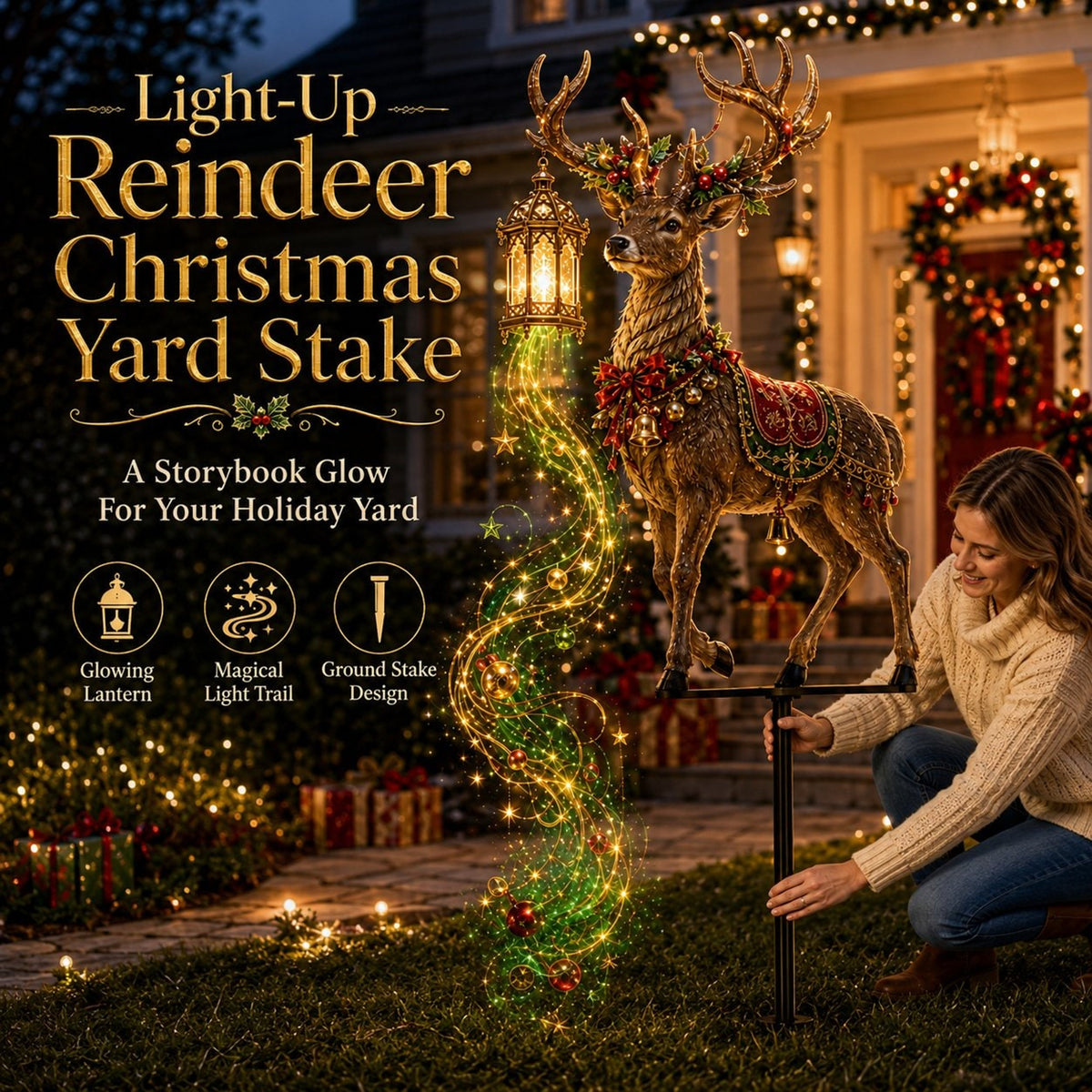 Christmas Reindeer Yard Stake With Glowing Lantern And Light Trail - Image 1