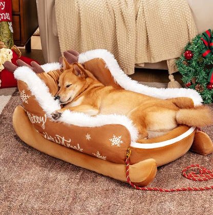 Christmas Sleigh Dog Bed Plush Crystal Velvet With Non-Slip Bottom - Image 10