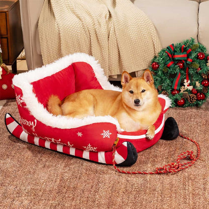 Christmas Sleigh Dog Bed Plush Crystal Velvet With Non-Slip Bottom - Image 1