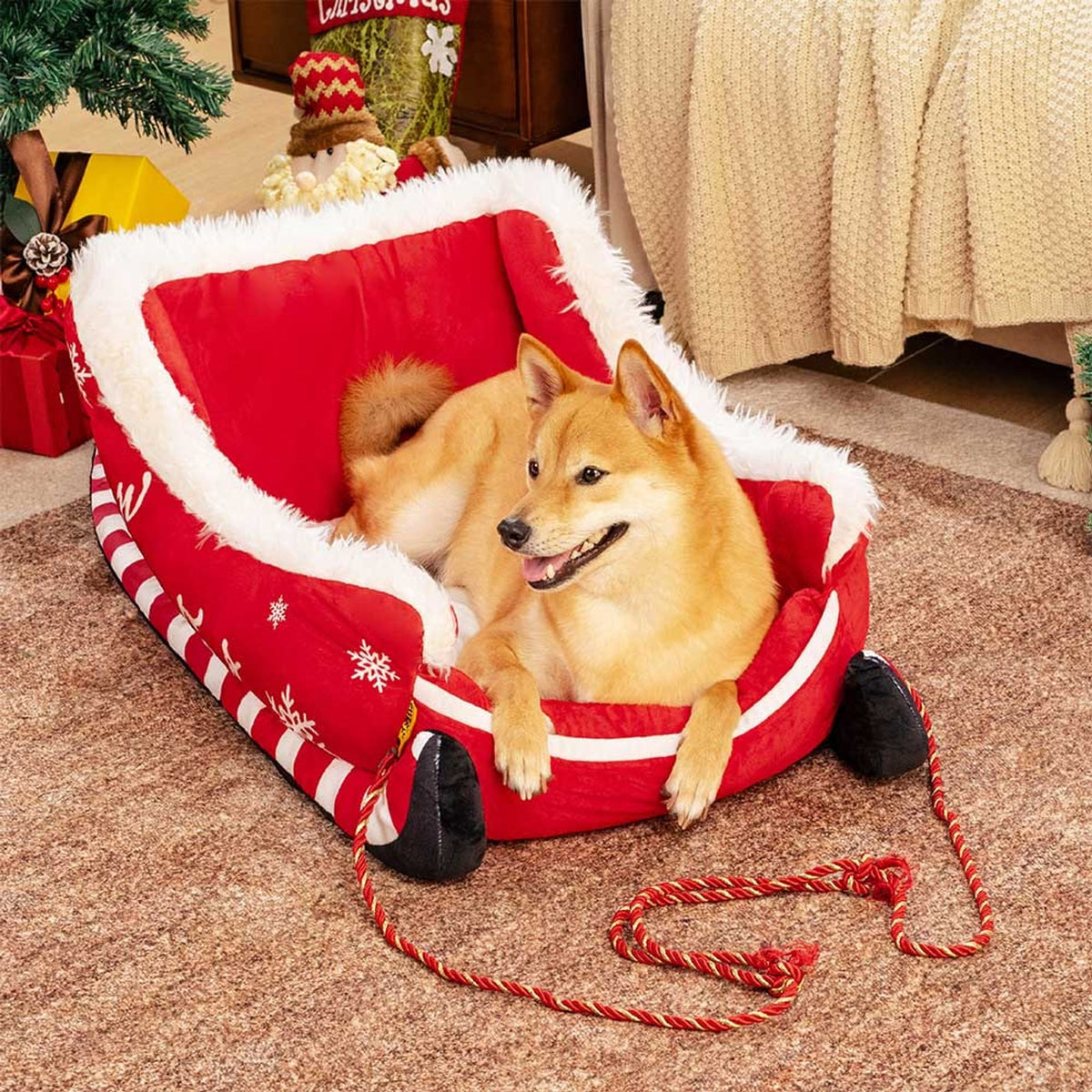 Christmas Sleigh Dog Bed Plush Crystal Velvet With Non-Slip Bottom - Image 2