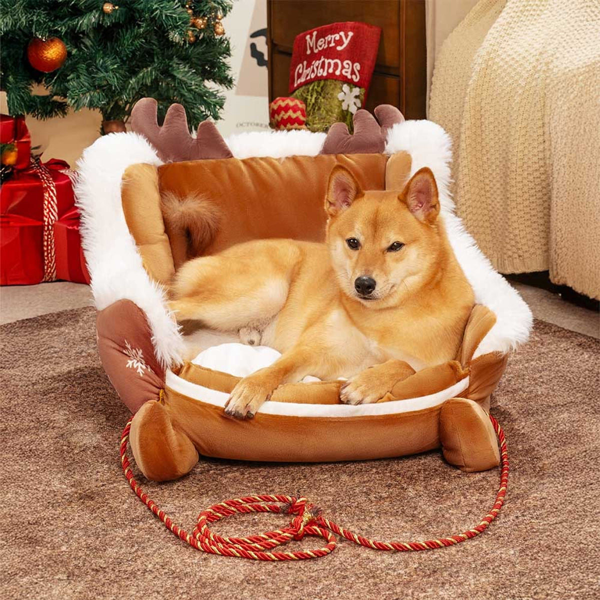 Christmas Sleigh Dog Bed Plush Crystal Velvet With Non-Slip Bottom - Image 7