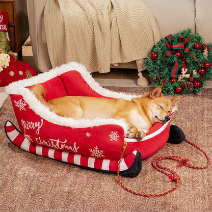 Christmas Sleigh Dog Bed Plush Crystal Velvet With Non-Slip Bottom - Image 6