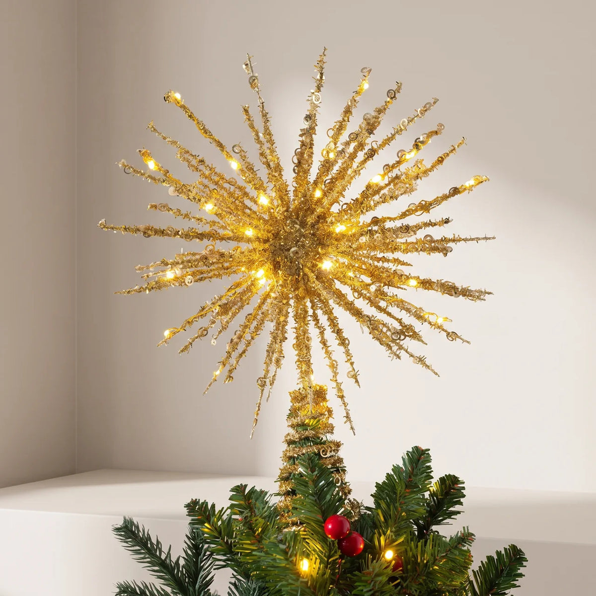 Christmas Tree Topper With LED Starburst Design And Glitter Finish - Image 1