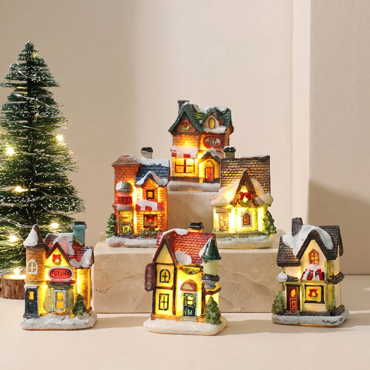 Christmas Village Decoration Set With 6 Hand-Painted Houses And LED Lighting - Image 1