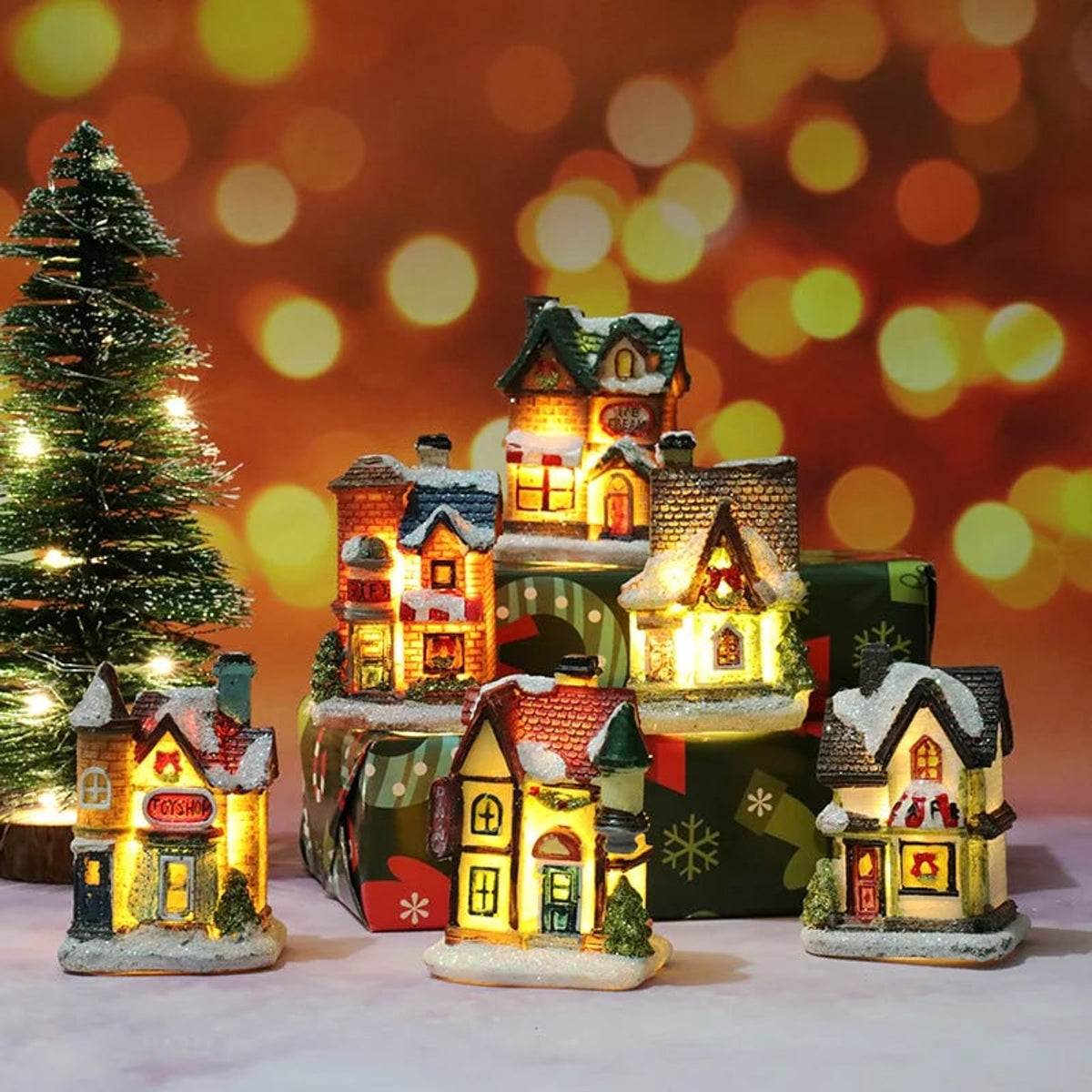 Christmas Village Decoration Set With 6 Hand-Painted Houses And LED Lighting - Image 2