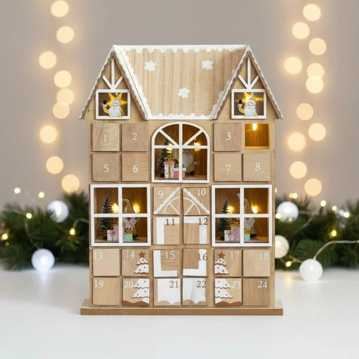 Christmas Wooden Advent Calendar With 24 Compartments And Warm LED Lighting - Image 1