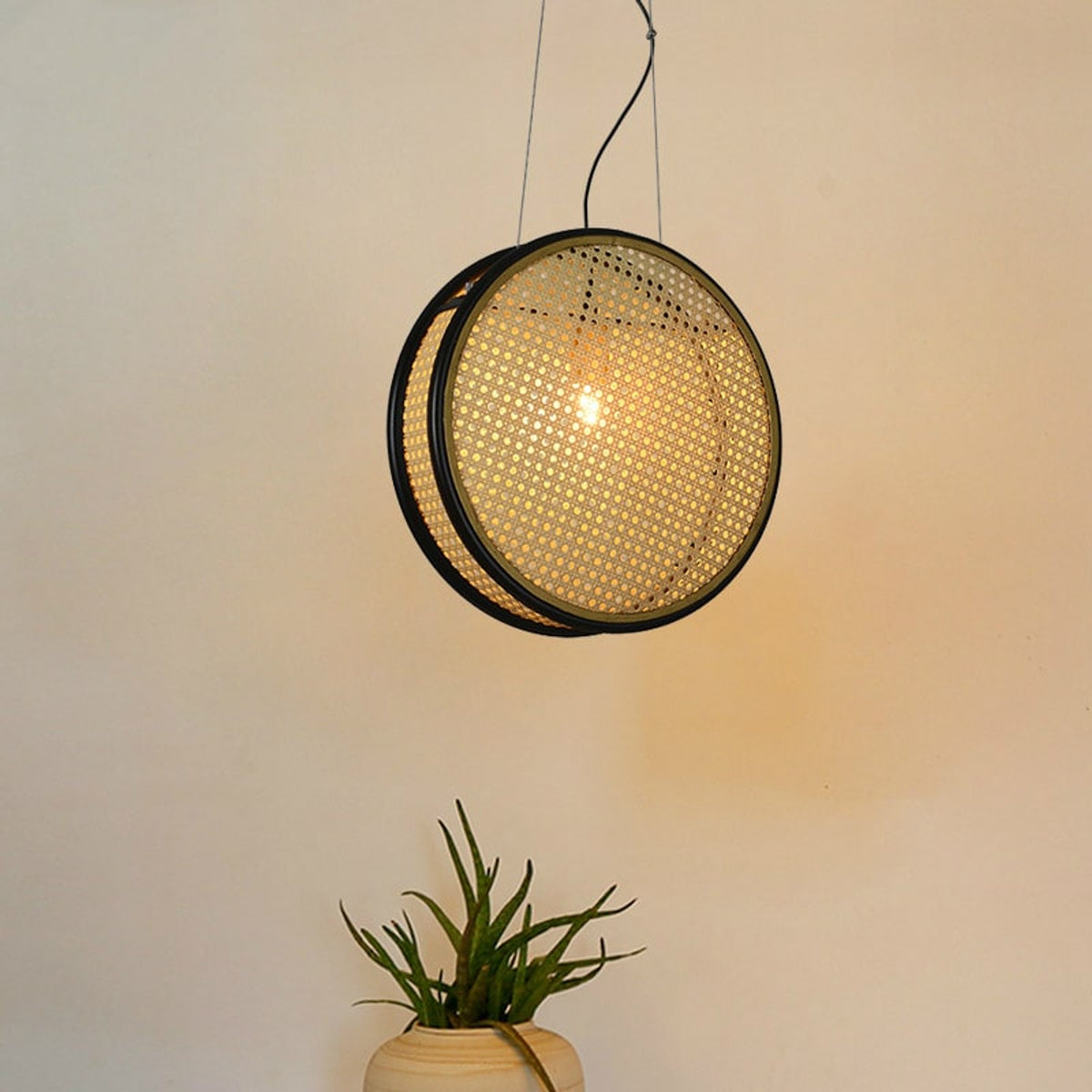 Circular Rattan Chandelier With Retro Trim - Image 2