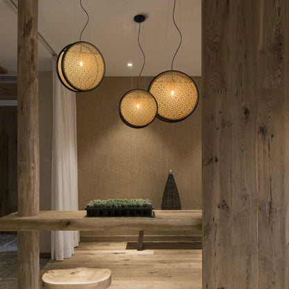 Circular Rattan Chandelier With Retro Trim - Image 3