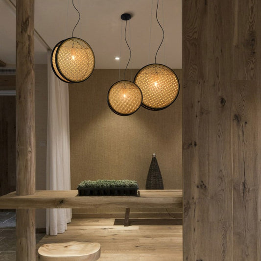 Circular Rattan Chandelier With Retro Trim - Image 3
