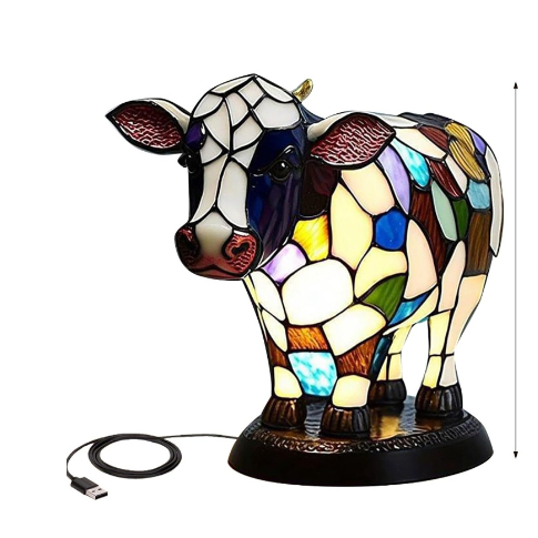 Cow Table Lamp With Stained Glass Style Resin Shade - Image 1