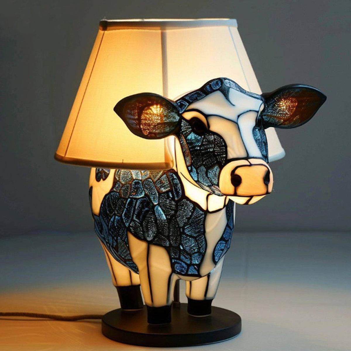 Cow Table Lamp With Stained Glass Style Resin Shade - Image 3