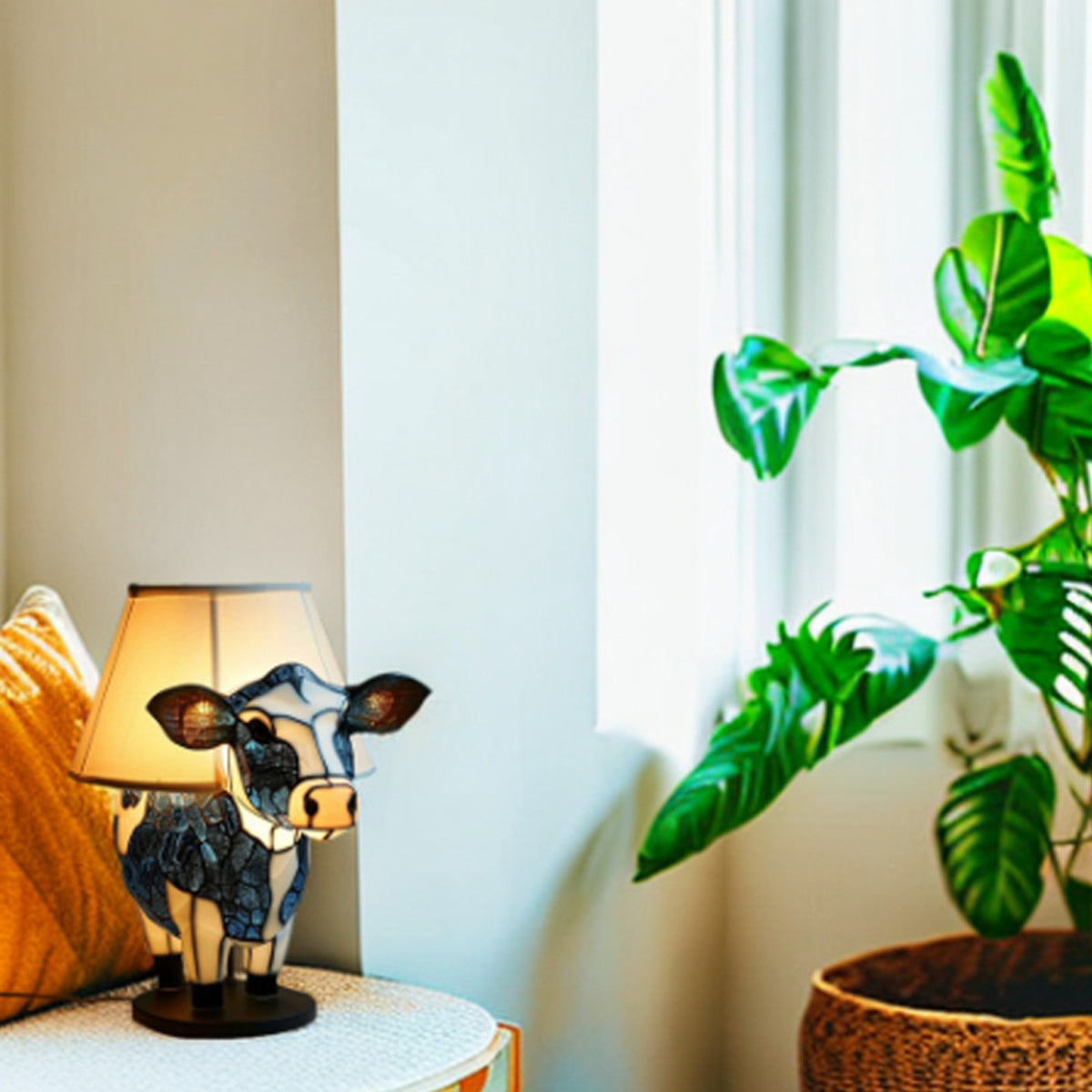 Cow Table Lamp With Stained Glass Style Resin Shade - Image 6
