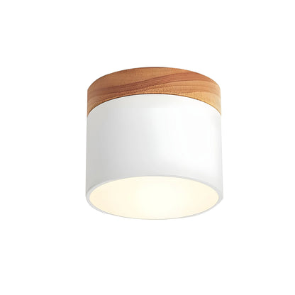 Cylindrical Wood Top Aluminium Ceiling Light With Warm Glow - Image 1